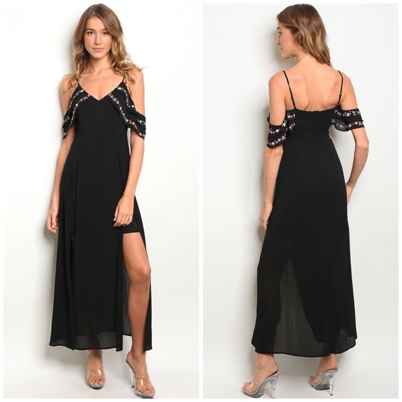 Dresses & Skirts - Black Embroidered Cold Shoulder Maxi Dress